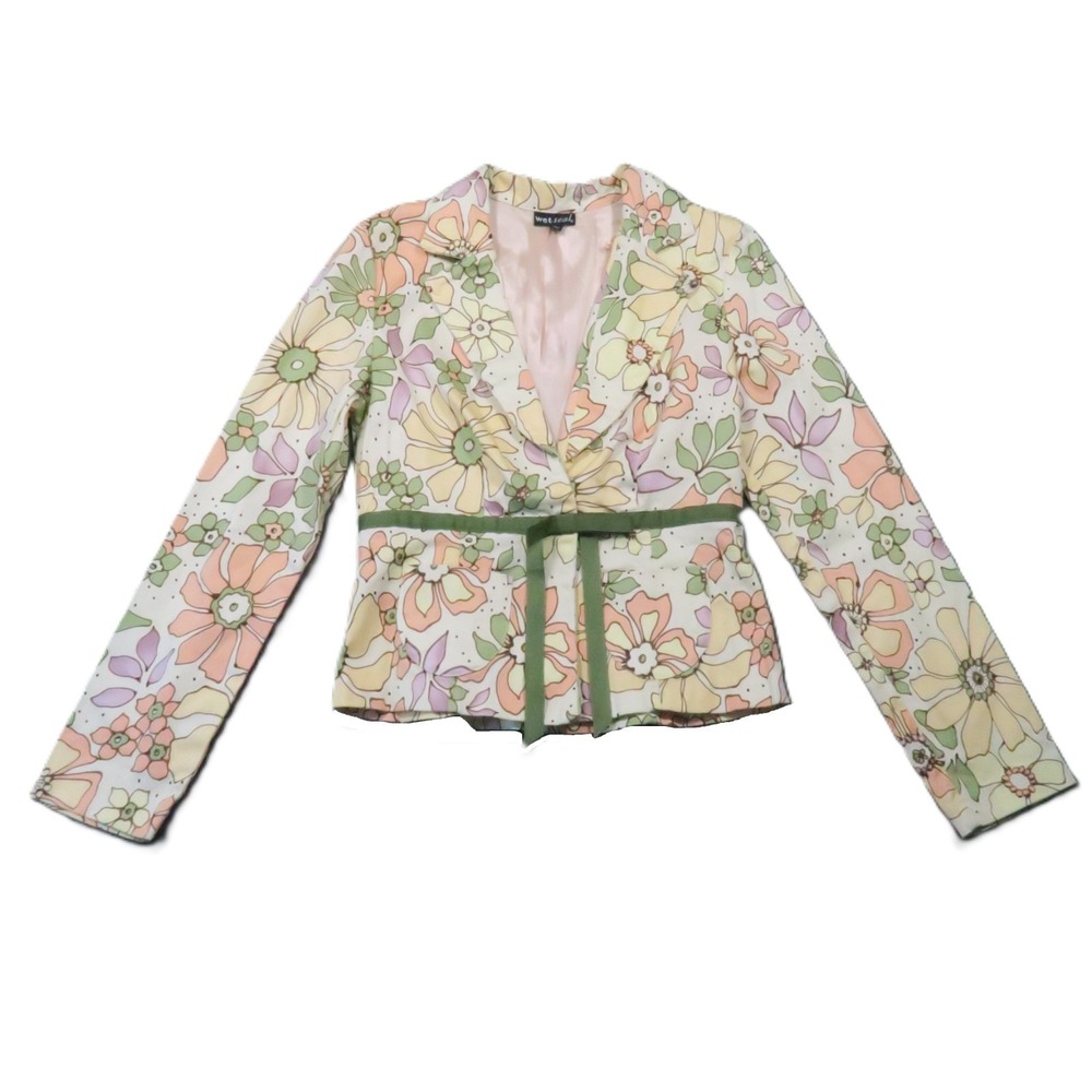 Wet Seal Vintage Blazer M Green Yellow Floral Lined Stretch Hippie 90s 70s Y2K